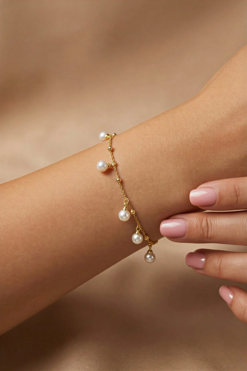 İnce Zincir İnci Detay Gold Altın Kaplama Bileklik