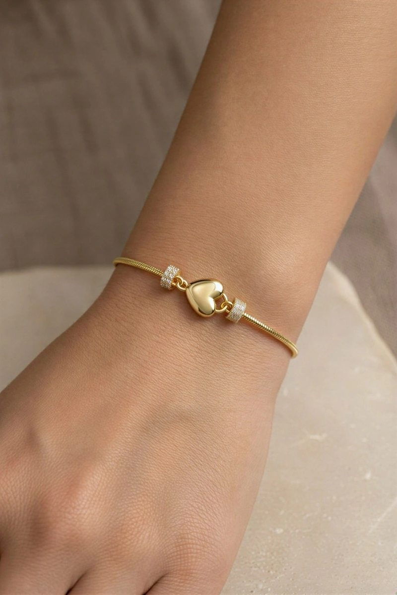Boru Zincir Kalp Charm Gold Altın Kaplama Bileklik