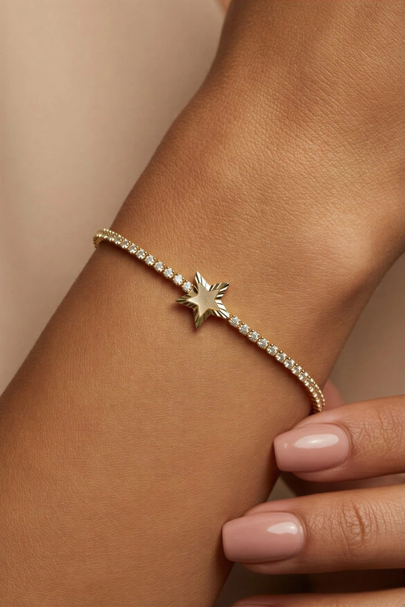 Su Yolu Zincir Sedef Yıldız Detay Gold Altın Kaplama Bileklik
