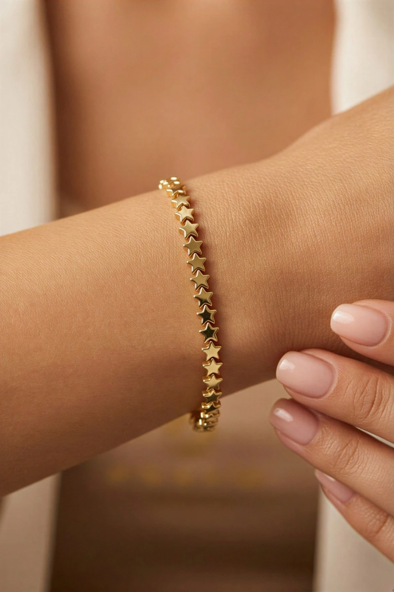 Sıralı Düz Yıldız Model Gold Altın Kaplama Bileklik