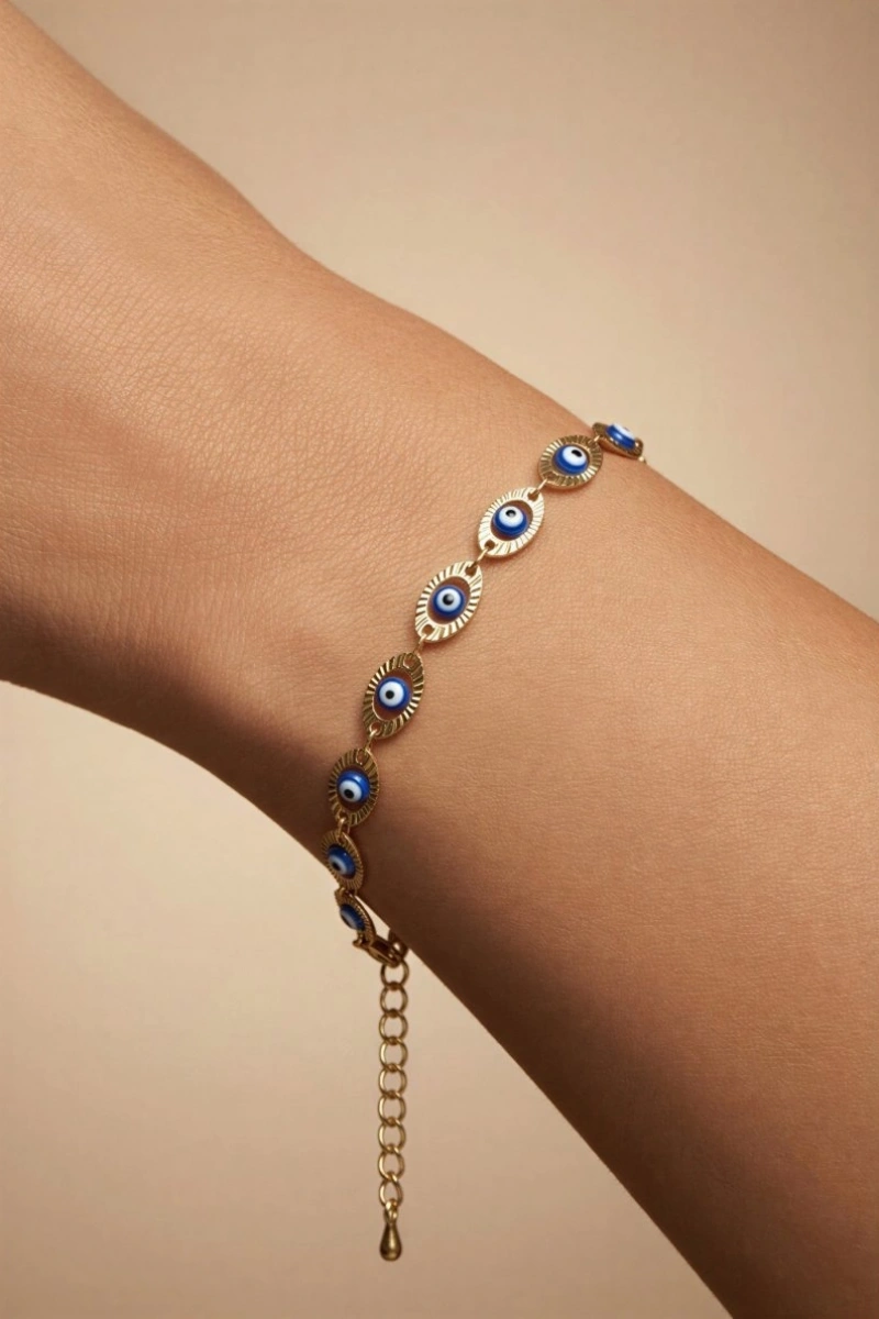 Mavi Nazar Model Gold Altın Kaplama Bileklik
