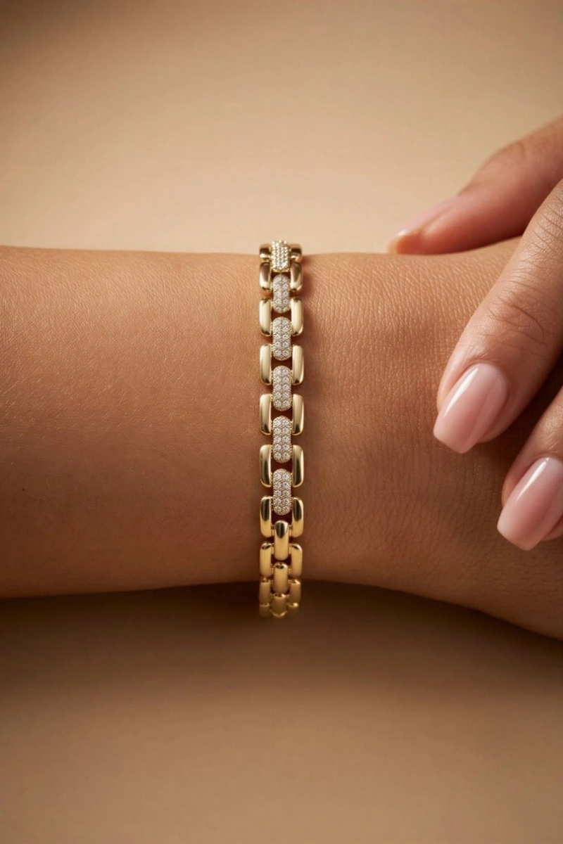 Yarı Taşlı Ray Model Gold Altın Kaplama Bileklik