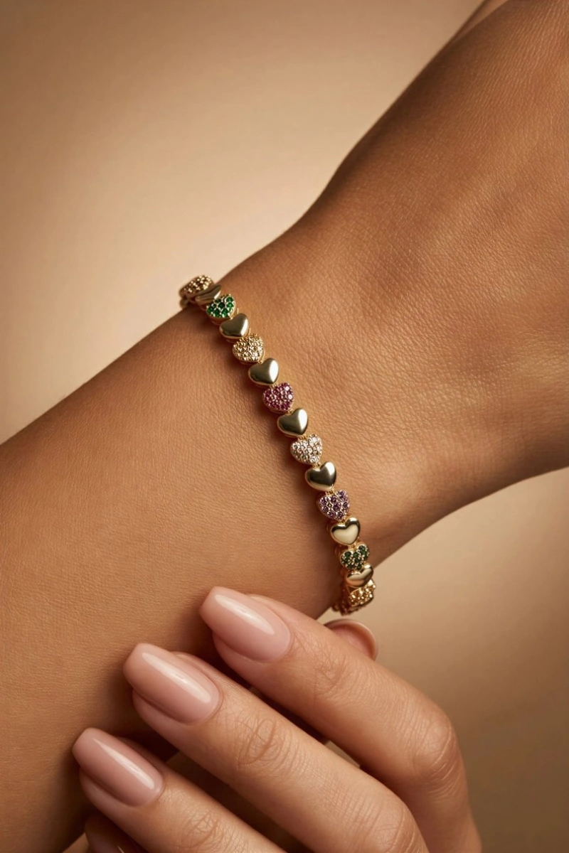 Renkli Kalp Model Gold Altın Kaplama Bileklik