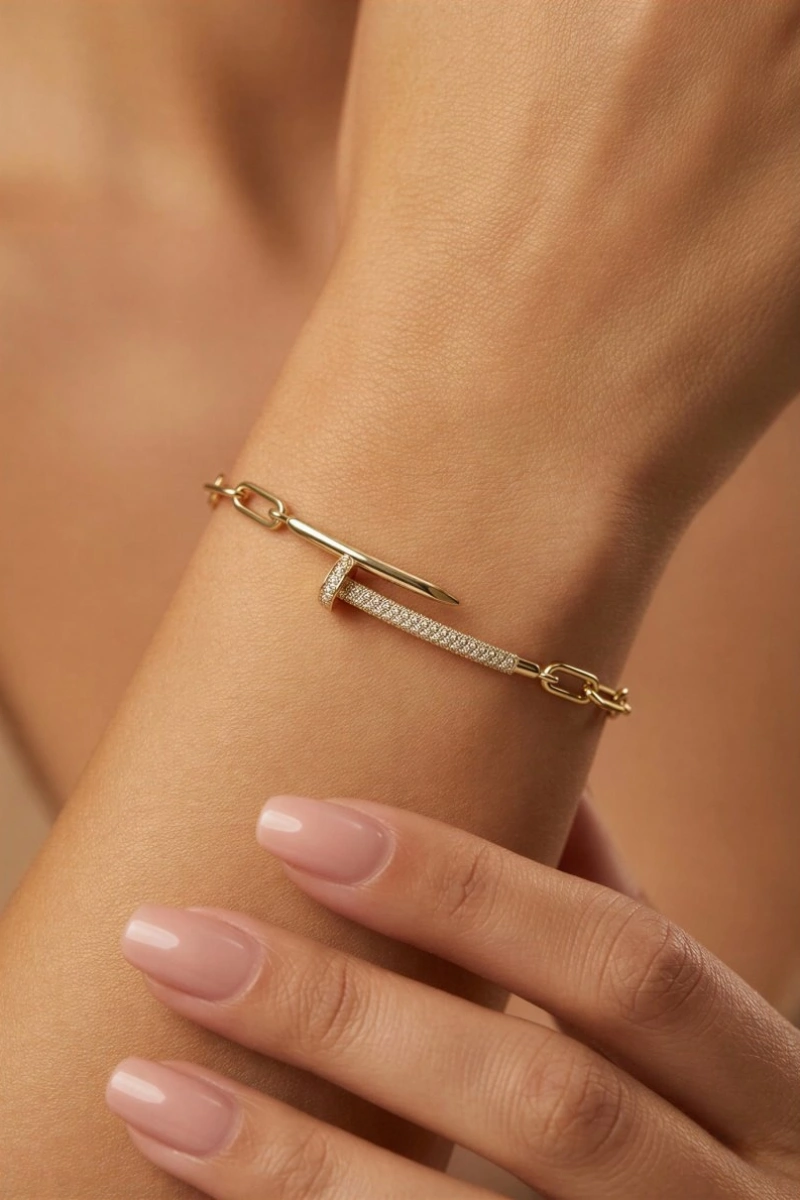 Taşlı Çivi Model Gold Altın Kaplama Bileklik