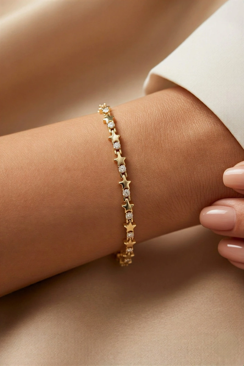 Yıldız Model Halka Taş Detay Gold Altın Kaplama Bileklik