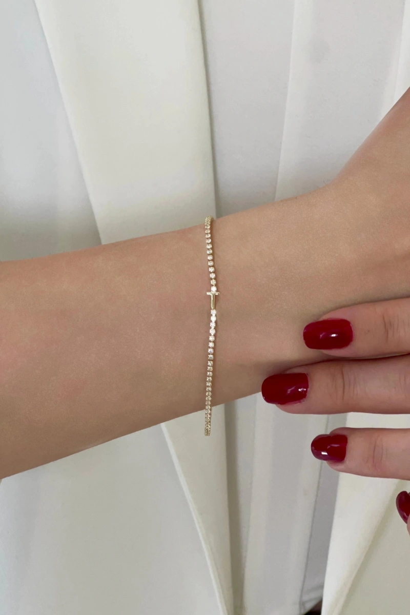 T Harf Su Yolu Detay Gold Altın Kaplama Bileklik