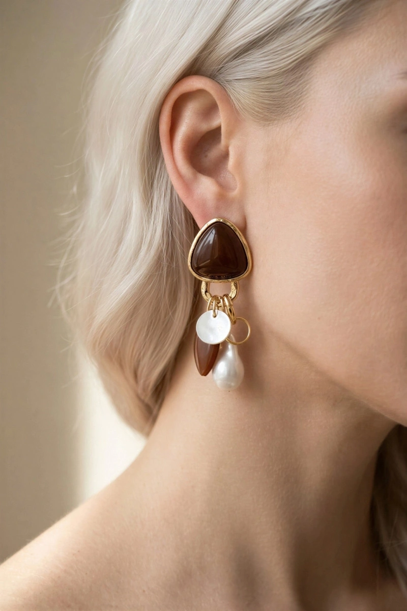 Kahverengi Üçgen Sarkıt Model Gold Altın Kaplama Küpe