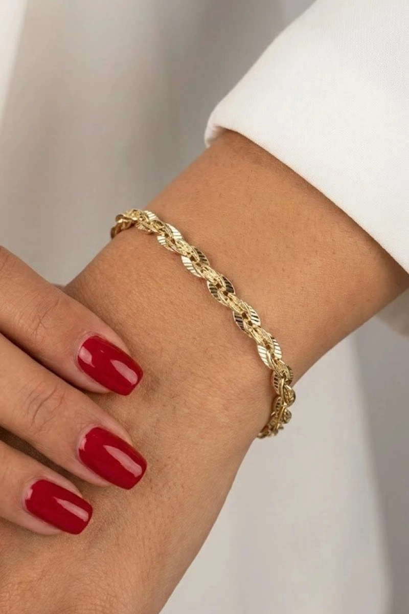 Çizgi Desen İç İçe Pul Detay Gold Altın Kaplama Bileklik