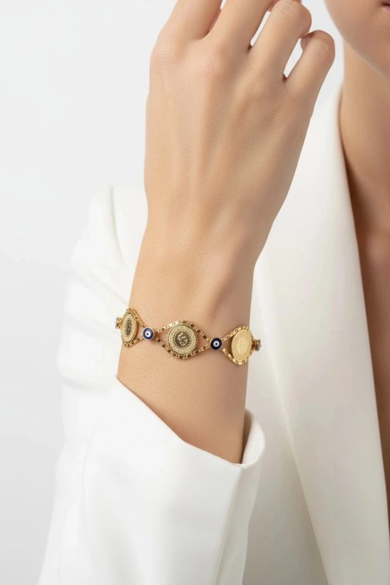 Sıralı Çeyrek Model Nazar Detay Gold Altın Kaplama Kuyum Bileklik