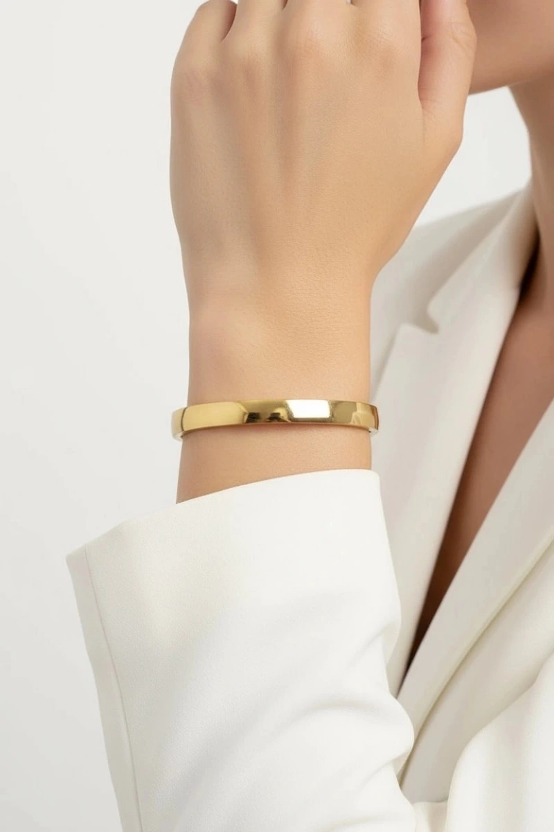 Düz Oval Kalın Kelepçe Gold Altın Kaplama Bileklik