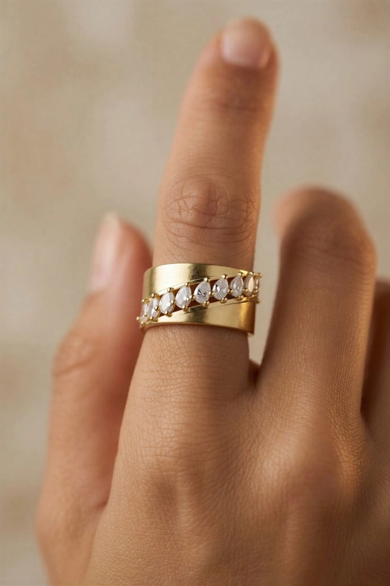 Çapraz Damla Taş Model Gold Altın Kaplama Ayarlanabilir Yüzük