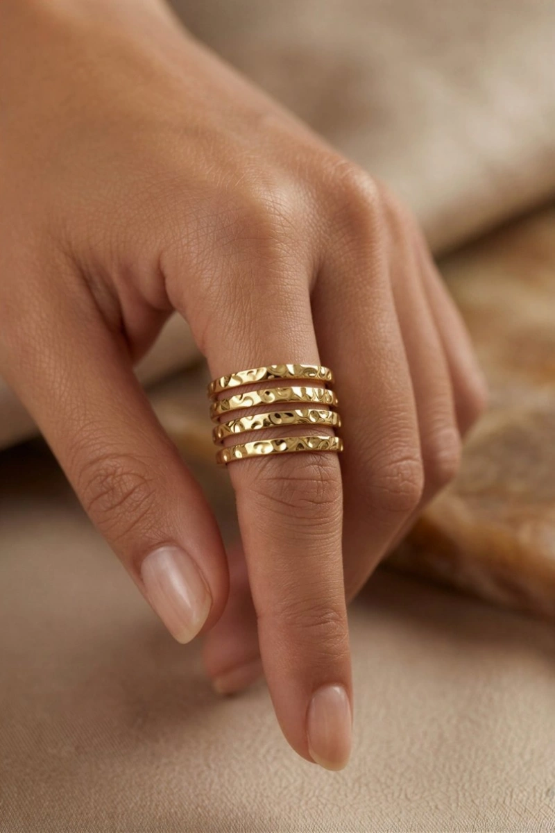 Dört Sıra Ezik Model Gold Altın Kaplama Ayarlanabilir Çelik Yüzük