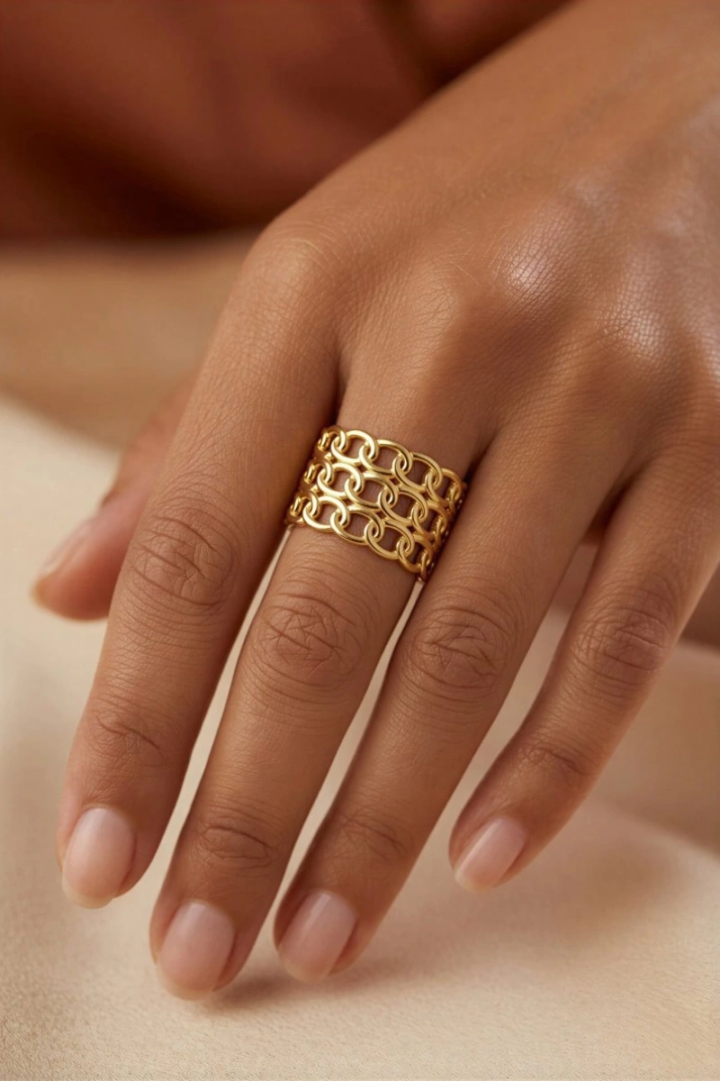 Üç Sıra Geçiş Model Gold Altın Kaplama Ayarlanabilir Çelik Yüzük