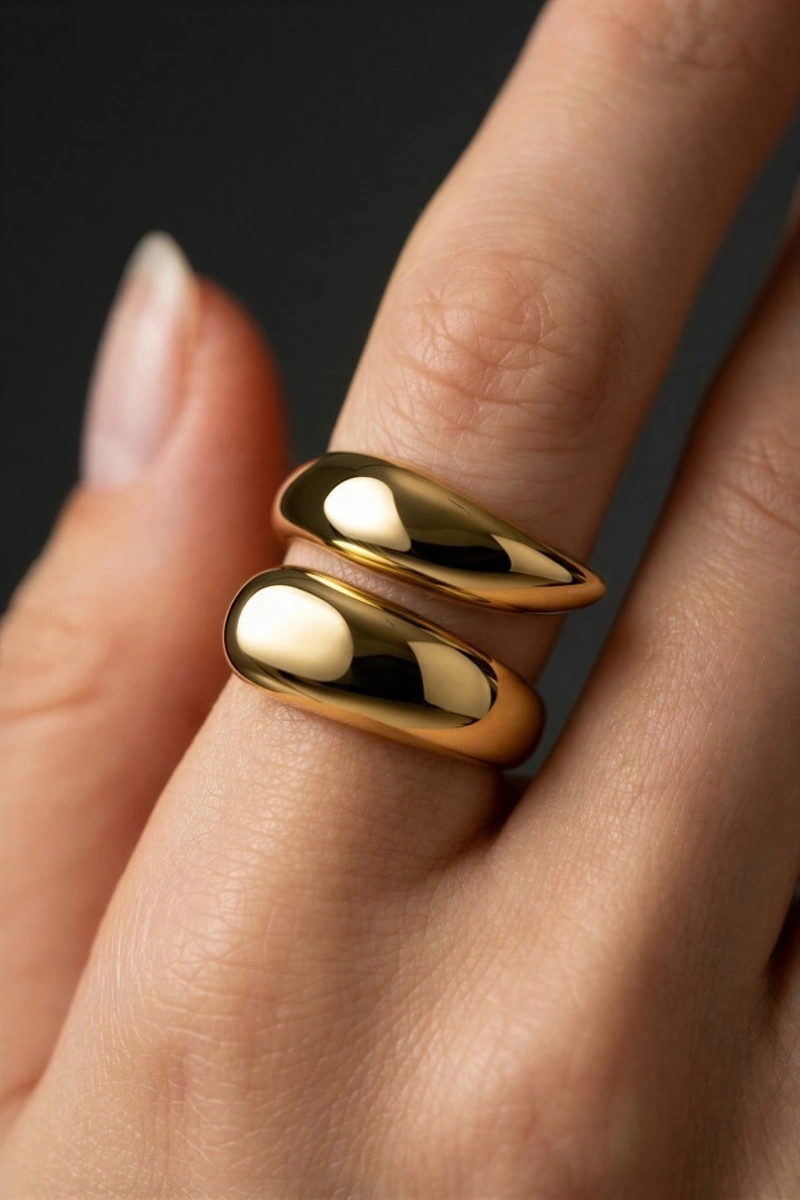 Sivri Damla Model Gold Altın Kaplama Ayarlanabilir Çelik Yüzük