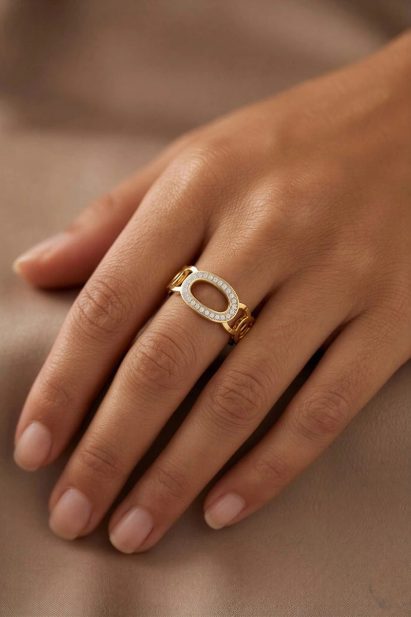 Elips Taş Model Gold Altın Kaplama Ayarlanabilir Çelik Yüzük