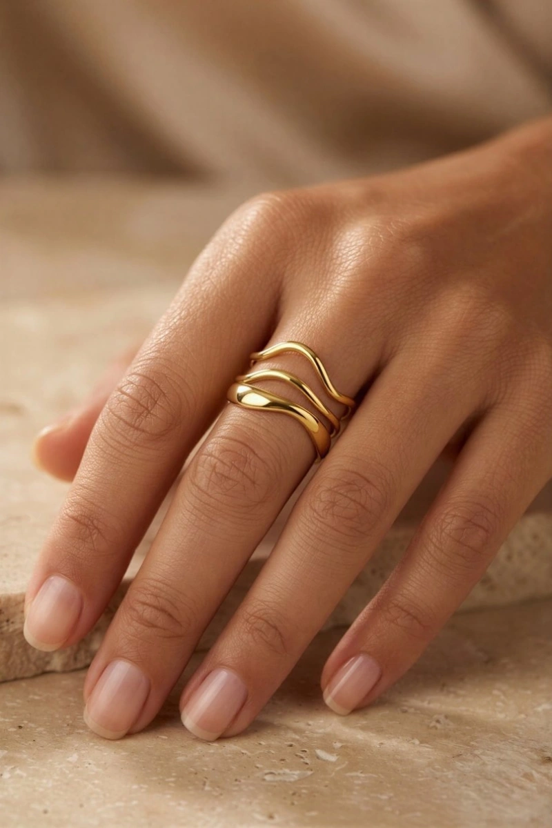 Dalga Model Gold Altın Kaplama Ayarlanabilir Çelik Yüzük