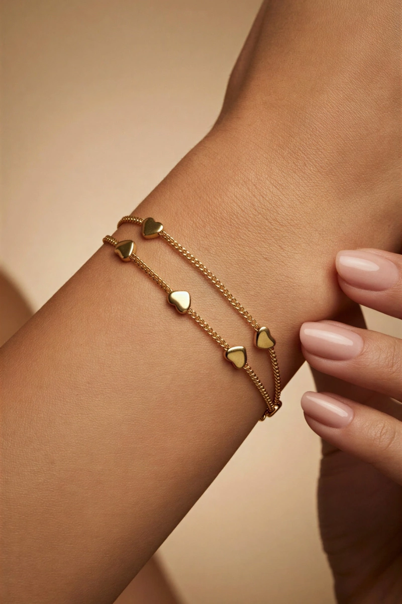 Çift Sıra Kalp Model Gold Altın Kaplama Çelik Bileklik