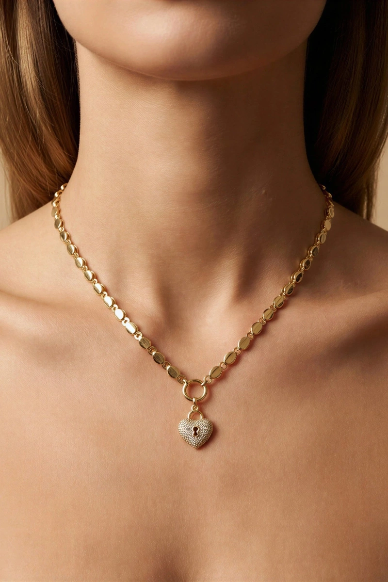 Pul Zincir Taşlı Kalp Model Gold Altın Kaplama Kolye