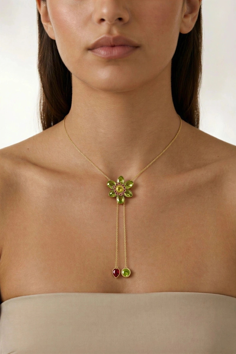 Flower Model Yeşil Taş Detay Gold Altın Kaplama Kolye