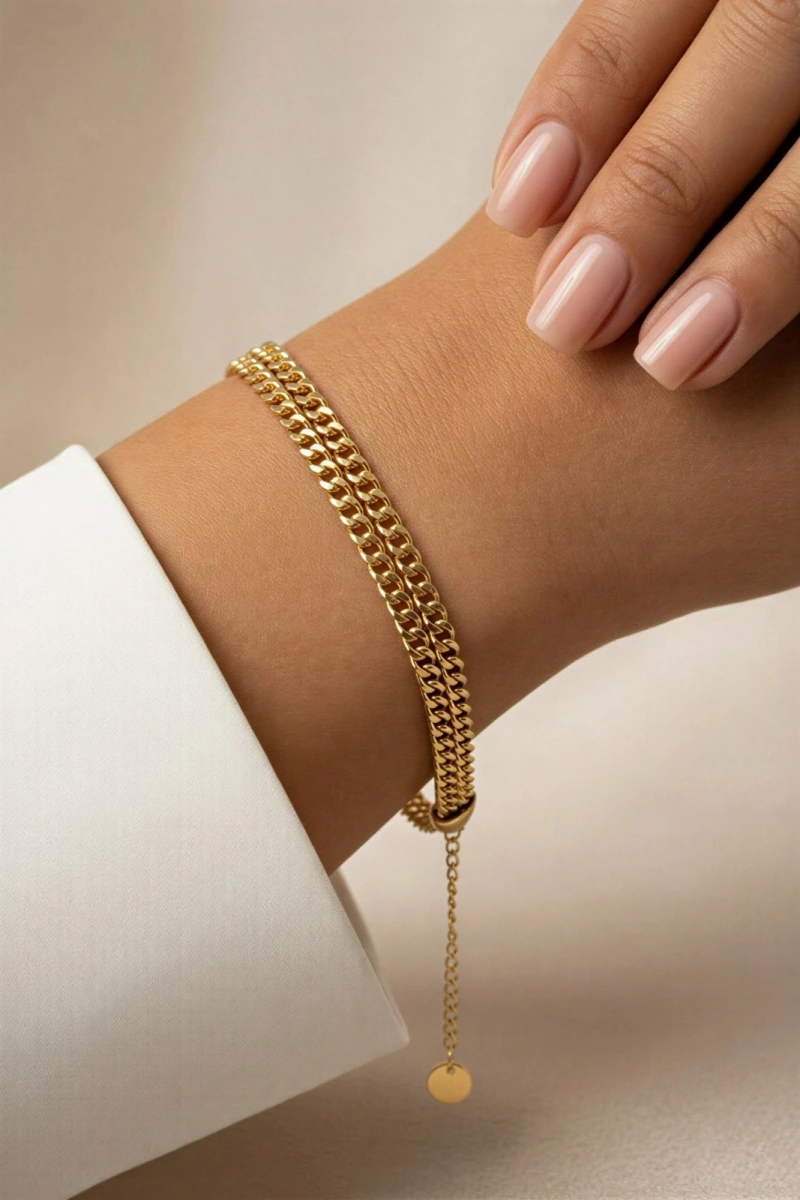 Çift Zincir Ezik Bağlı Detay Gold Altın Kaplama Çelik Bileklik