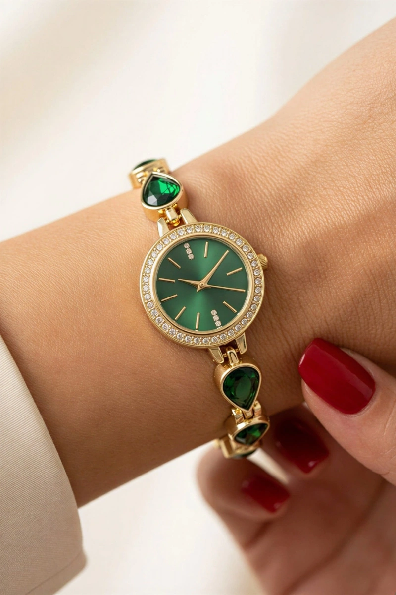 Damla Model Yeşil Kordon Yeşil Taşlı Kadran Kadın Kol Saati