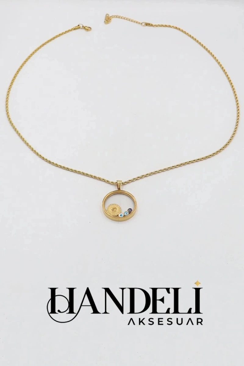 Cam Çerçeve Uzun Burgu Zincir Çeyrek Model Gold Altın Kaplama Çelik Kolye