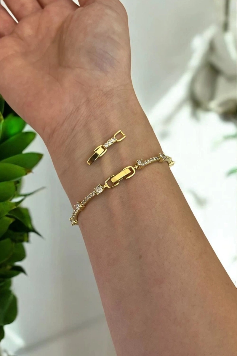 Taş Detay Çizgi Model Gold Altın Kaplama Bileklik