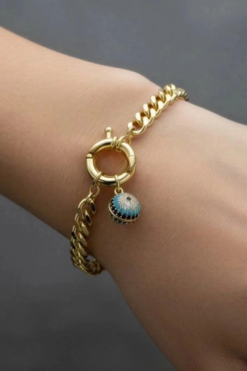 Dümen Kilit Model Nazar Boncuğu Detay Gold Altın Kaplama Bileklik
