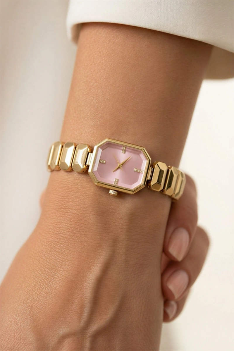Sekizgen Model Gold Kordon Pembe Kadran Kadın Kol Saati