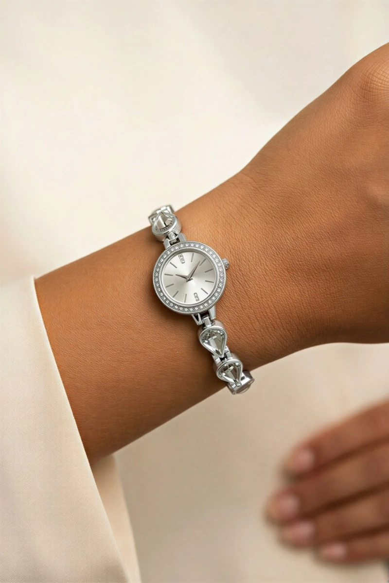 Damla Model Beyaz Kordon Beyaz Taşlı Kadran Kadın Kol Saati