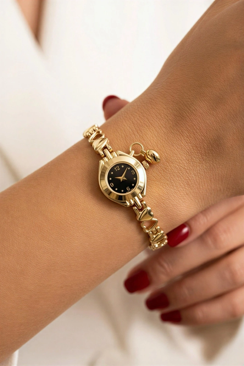 Kalp Kordon Gold İçi Siyah Kadın Kol Saati