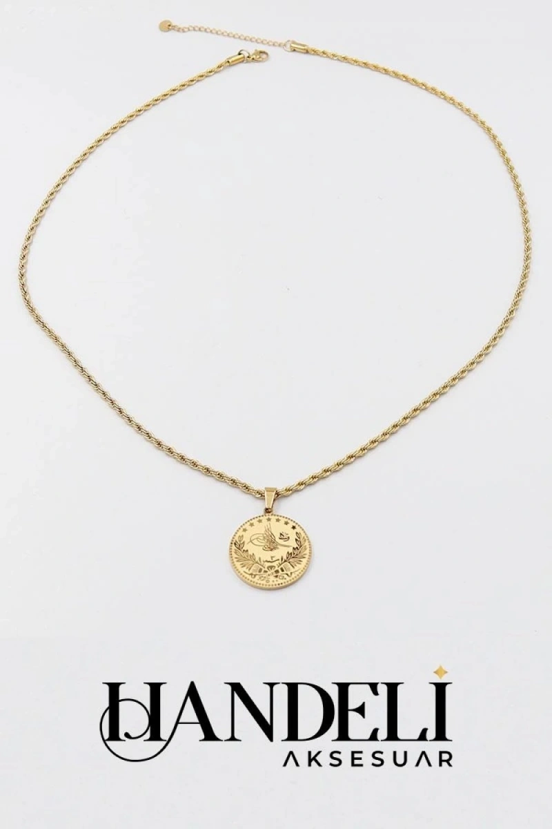 Osmanlı Model Uzun Zincir Gold Altın Kaplama Çelik Kolye