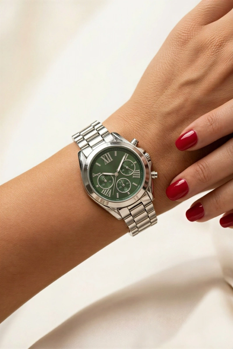 Kapalı Beyaz Kordon Roma Rakam Yeşil Kadran Detay Gold Kadın Kol Saati