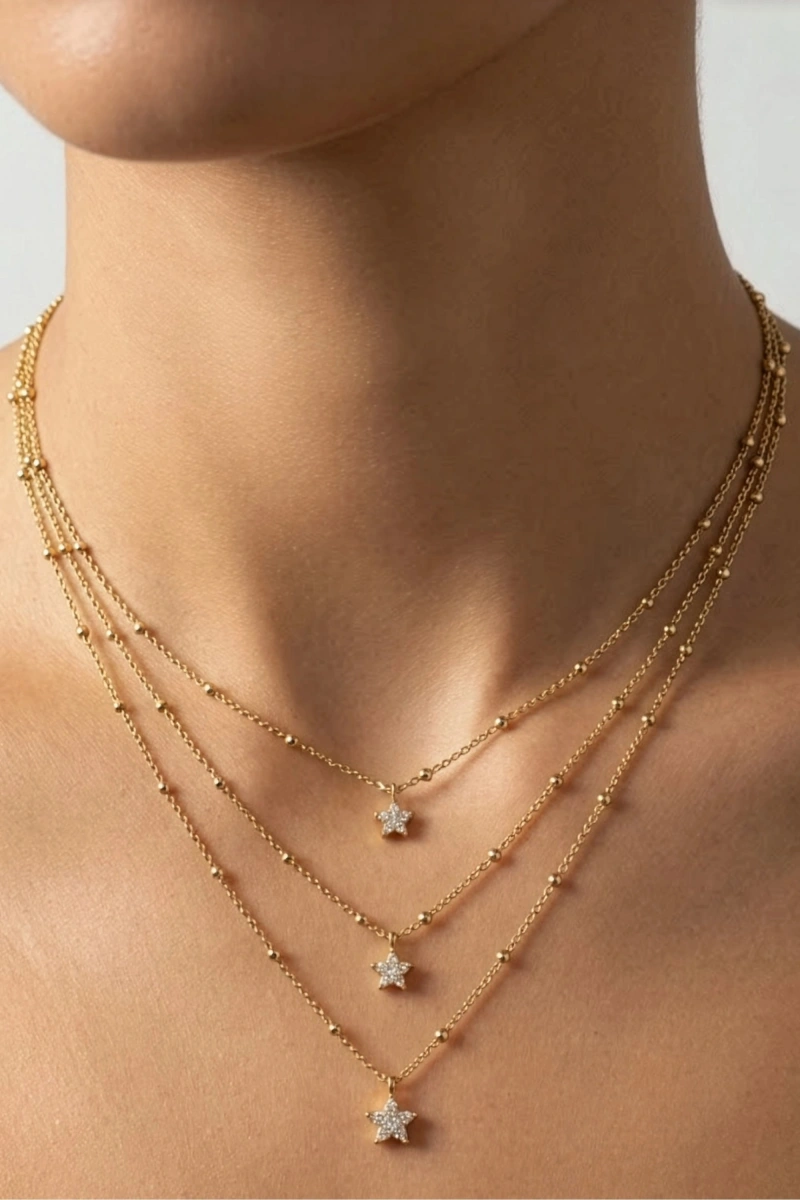 Sıralı Yıldız Model Gold Altın Kaplama Üçlü Kolye