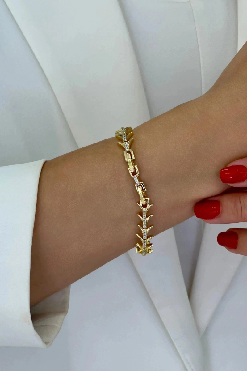Kılçık Model Taş Detay Gold Altın Kaplama Bileklik