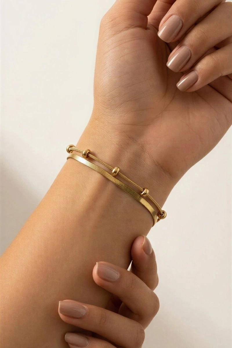 Çift Zincir İtalyan Dorika Model Gold Altın Kaplama Çelik Bileklik