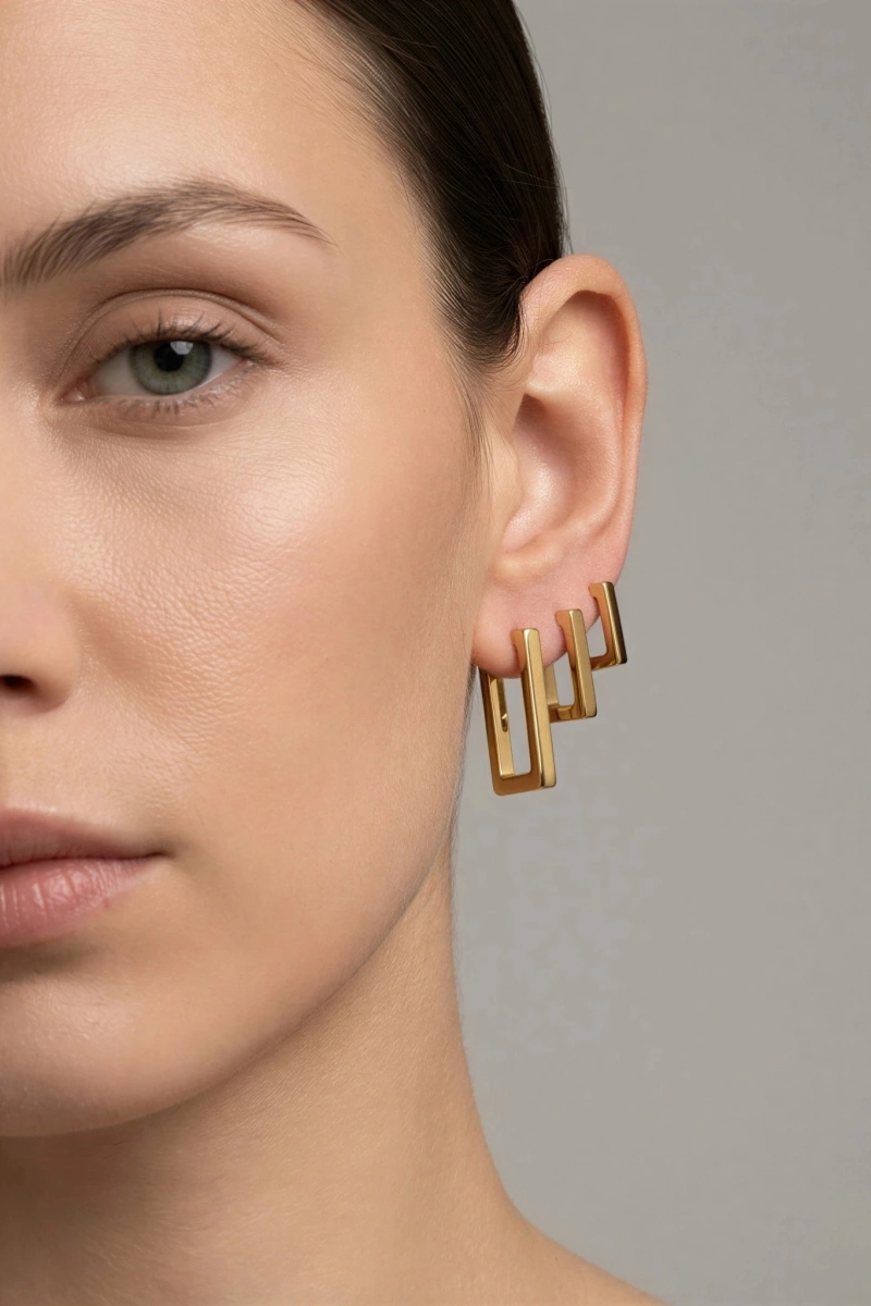 Çoklu Dikdörtgen Model Gold Altın Kaplama Çelik Küpe