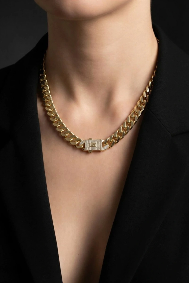 Kalın Ezik Bağlı Model Taş Detay Gold Altın Kaplama Gurmet Kolye