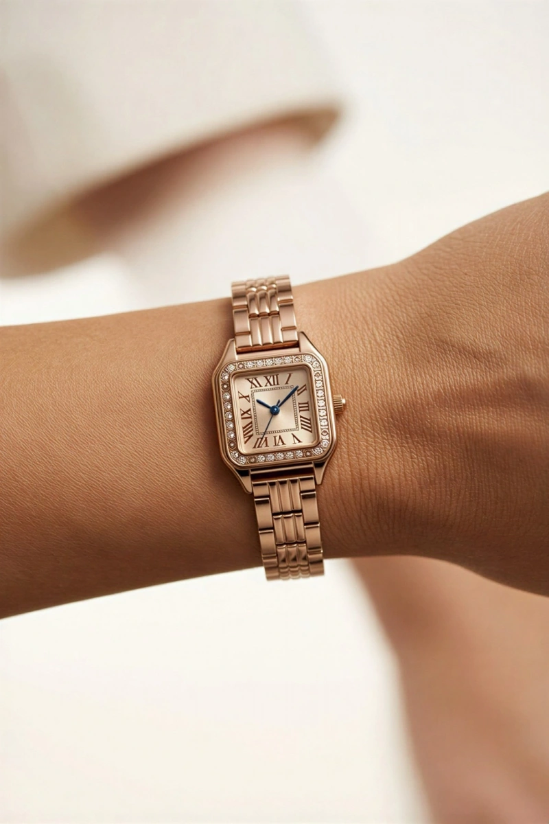 İnce Kapalı Kordon Kare Kadran Roma Rakam Rose Kadın Kol Saati