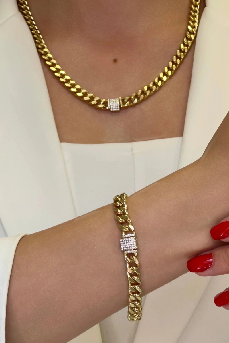 Taş Detay İnce Gurmet Model Kolye ve Bileklik Set