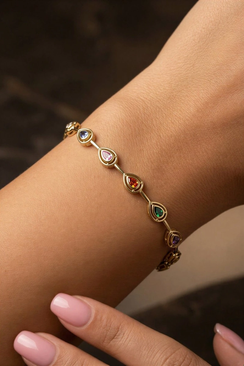 Renkli Damla Model Gold Altın Kaplama Bileklik