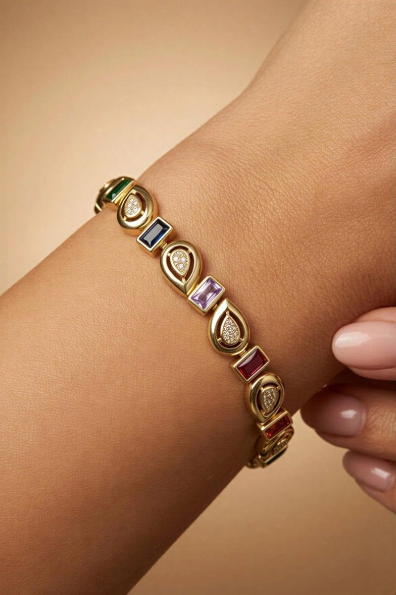 Renkli Ters Damla Model Gold Altın Kaplama Bileklik