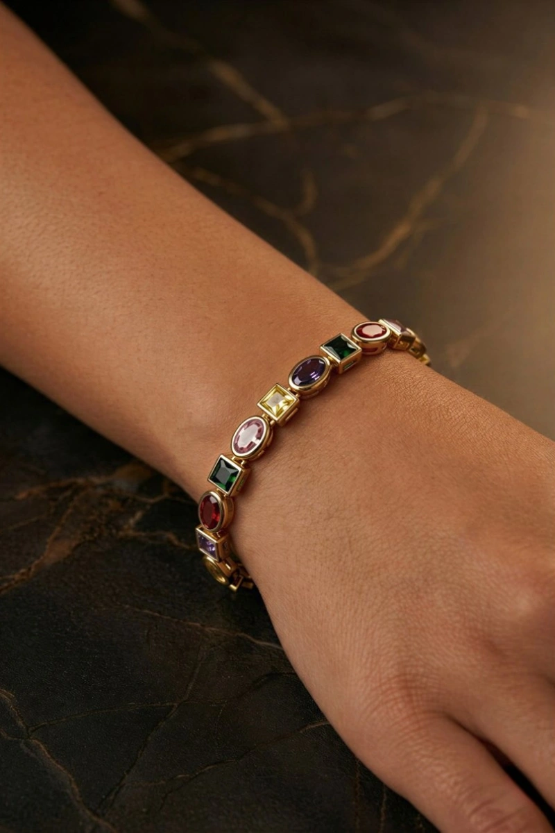 Renkli Elips Kare Model Gold Altın Kaplama Bileklik