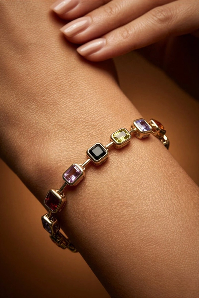 Renkli Kare Dikdörtgen Model Gold Altın Kaplama Bileklik