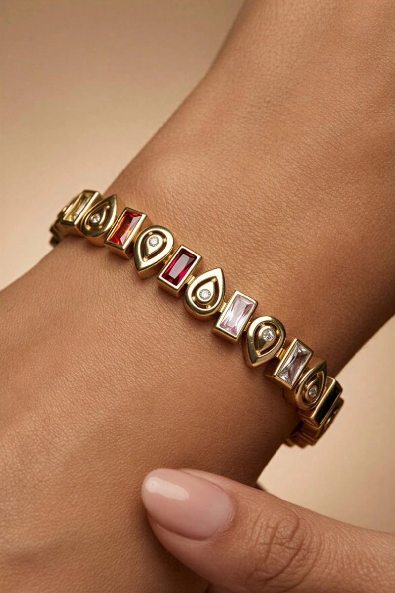 Asimetrik Renkli Damla Model Gold Altın Kaplama Bileklik