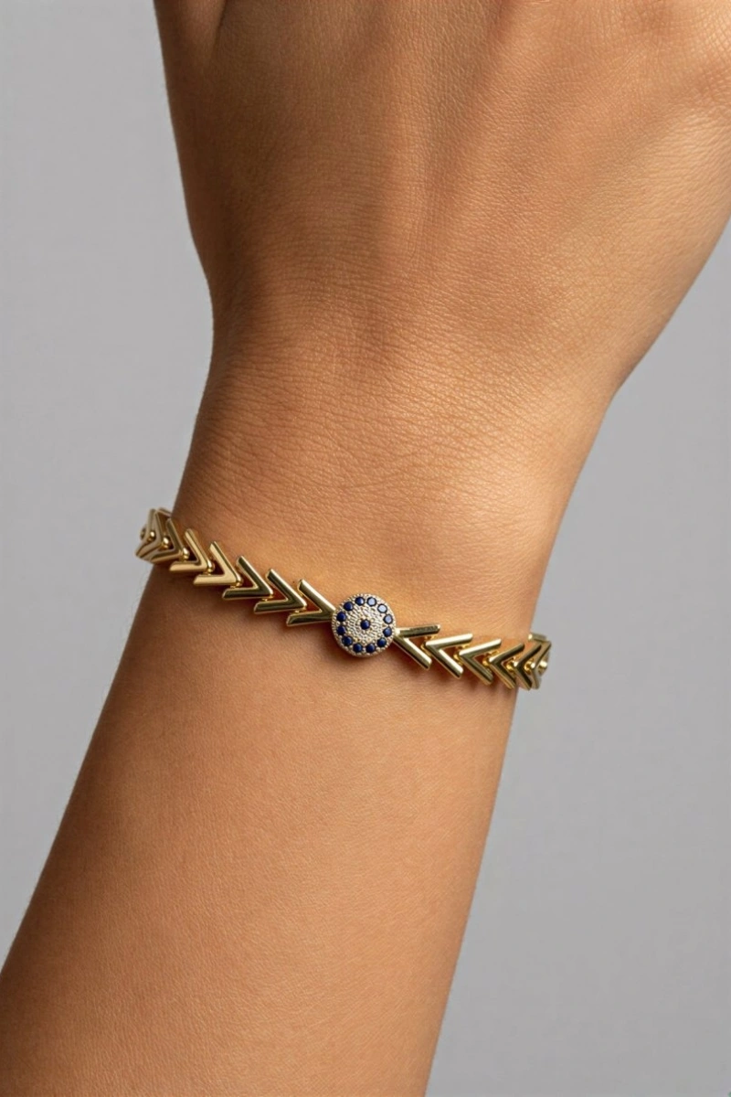 Üçgen Zincir Nazar Boncuğu Model Gold Altın Kaplama Bileklik