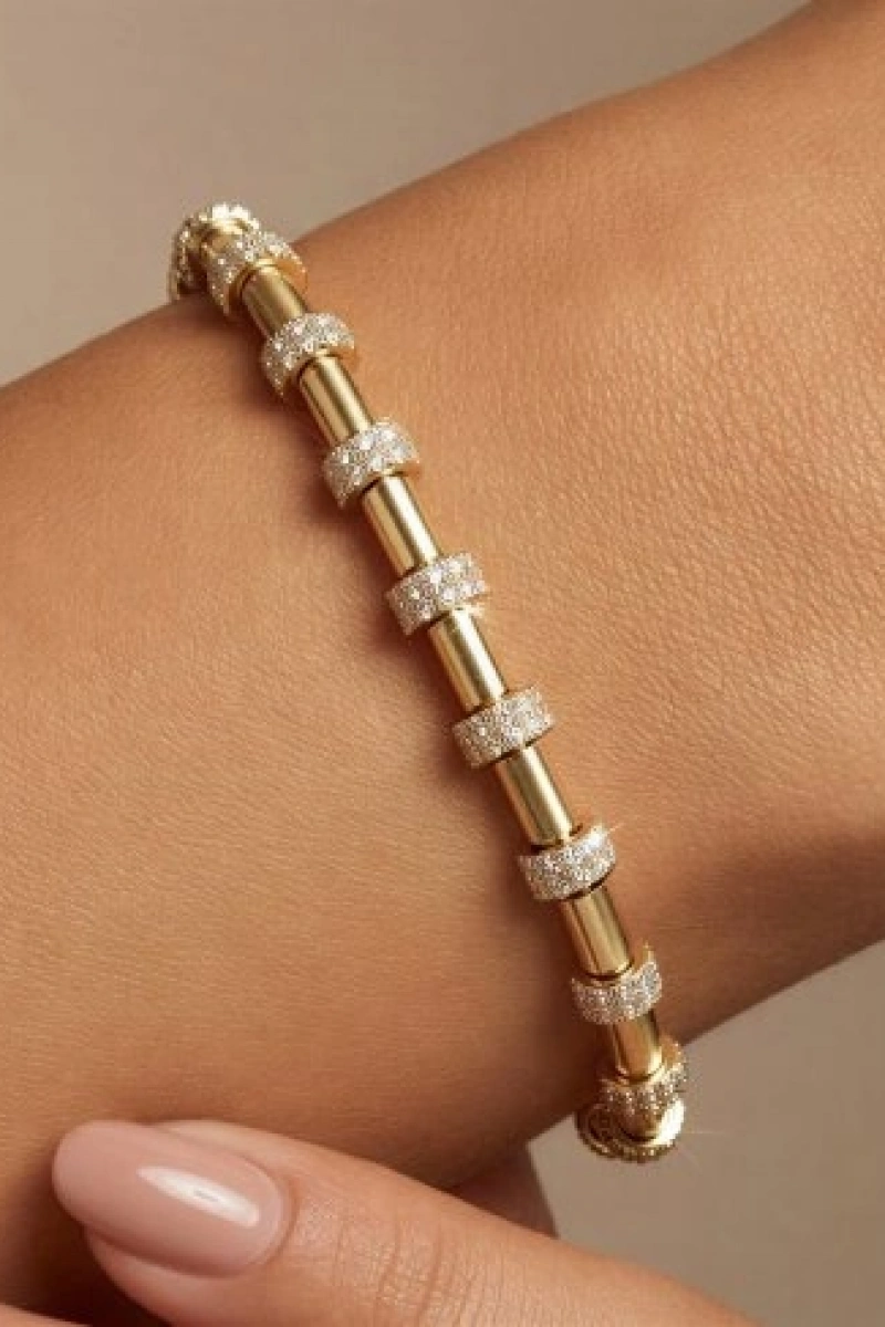 Silindir Model Taş Detay Gold Altın Kaplama Bileklik