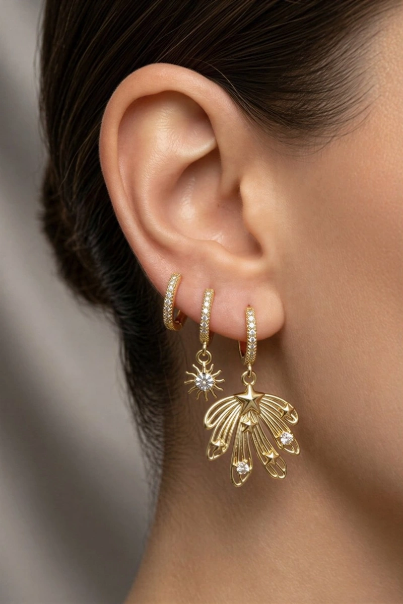 Evren Model Gold Altın Kaplama Üçlü Küpe