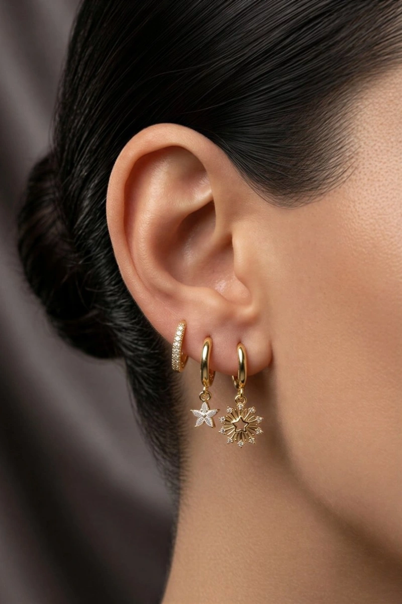 Işık Yıldız Model Gold Altın Kaplama Üçlü Küpe