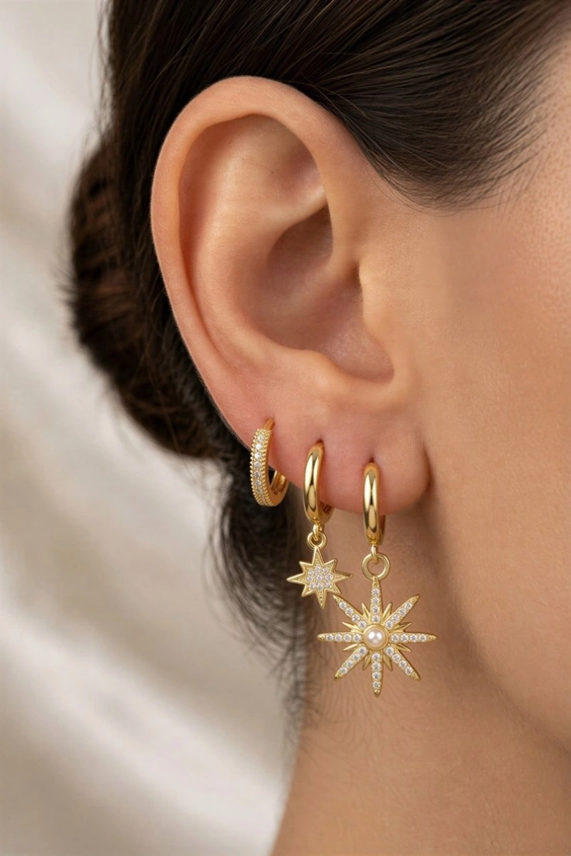 İnci Model Gold Altın Kaplama Üçlü Küpe